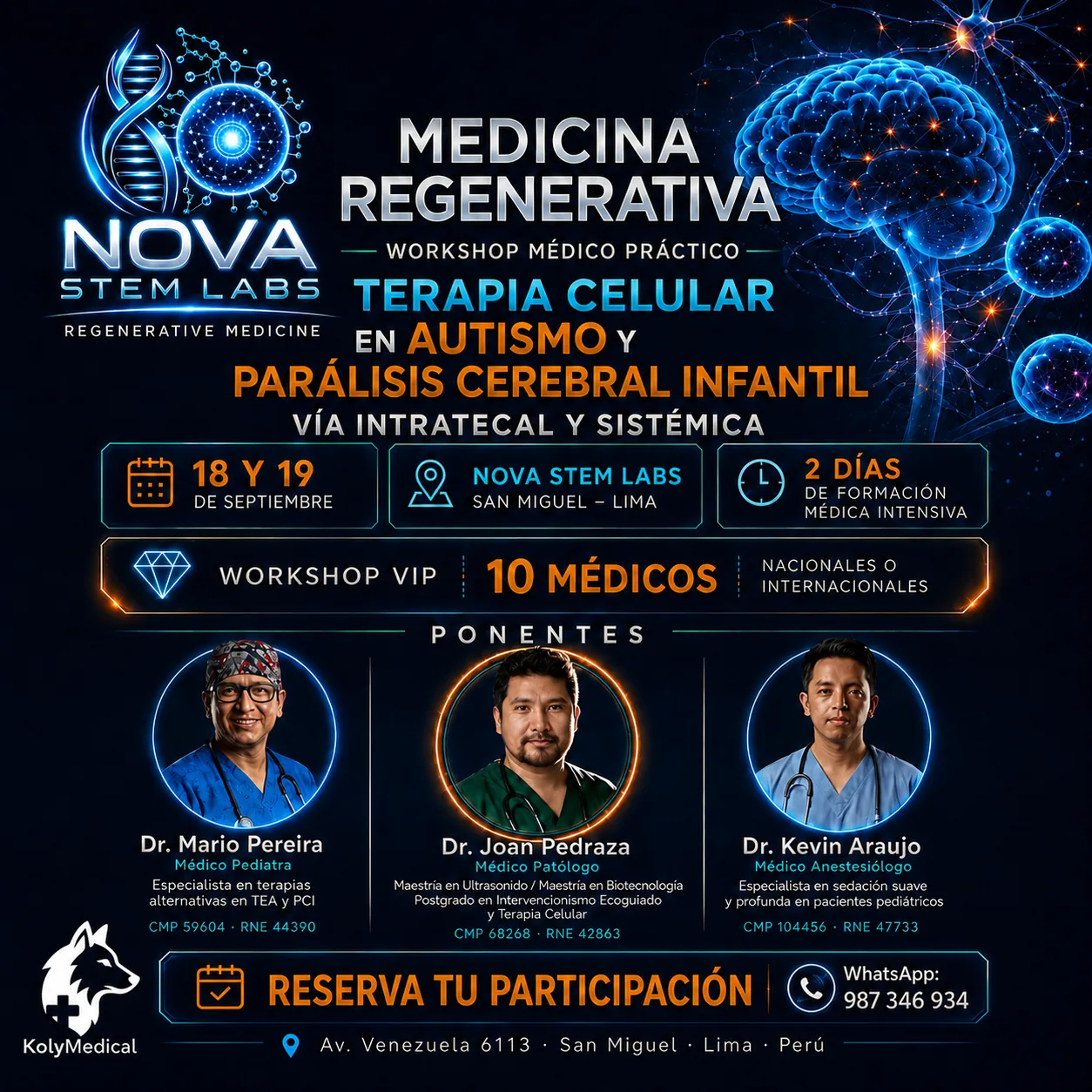 Afiche del workshop con los doctores Mario Pereyra, Joan Pedraza y Kevin Araujo